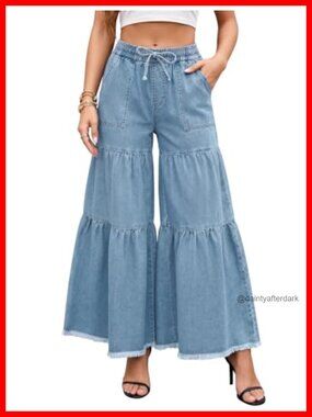 High Waist Tiered Ruffle Wide Leg Jeans Raw Frayed Hem Pockets